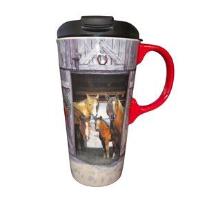 Evergreen Ent. Perfect Cup Russell Cobane Holiday Horses Ceramic Travel Mug 17oz